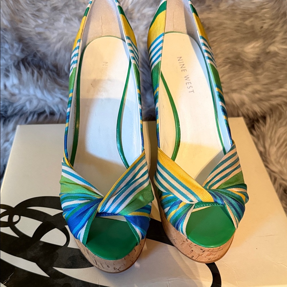 Nine West Blue and Yellow Striped Platform Wedges
